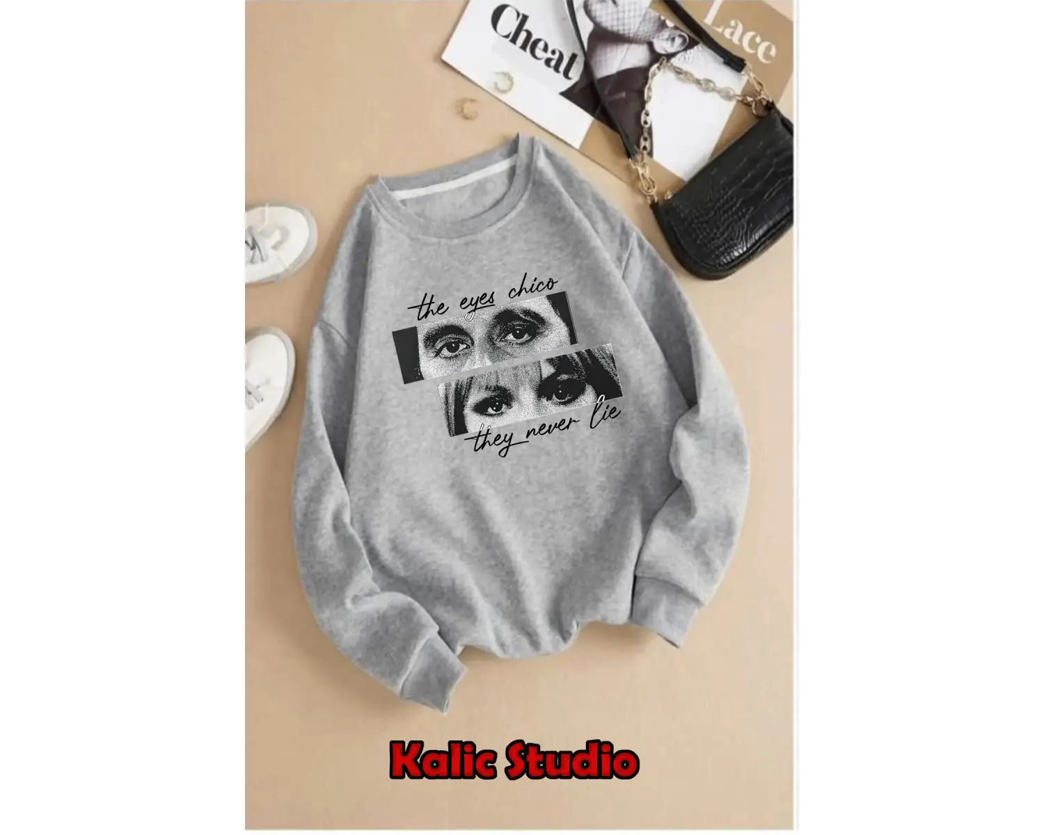 Gözler yalan söylemez oversize sweatshirt Bisiklet yaka gri