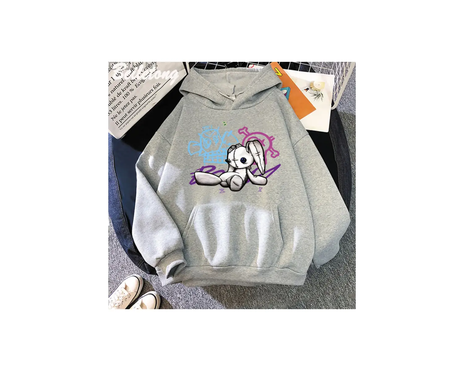 Gri Arcane Jinx Hoodie Maymun Bebek Tavşan Graffiti Grunge Tarzı Kpop i Siyah Anime
