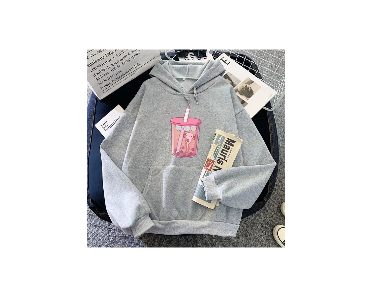 Gri Axolotl Yeme Kabarcık Boba Süt Çay Hoodies Kawaii Karikatür Kız uPola