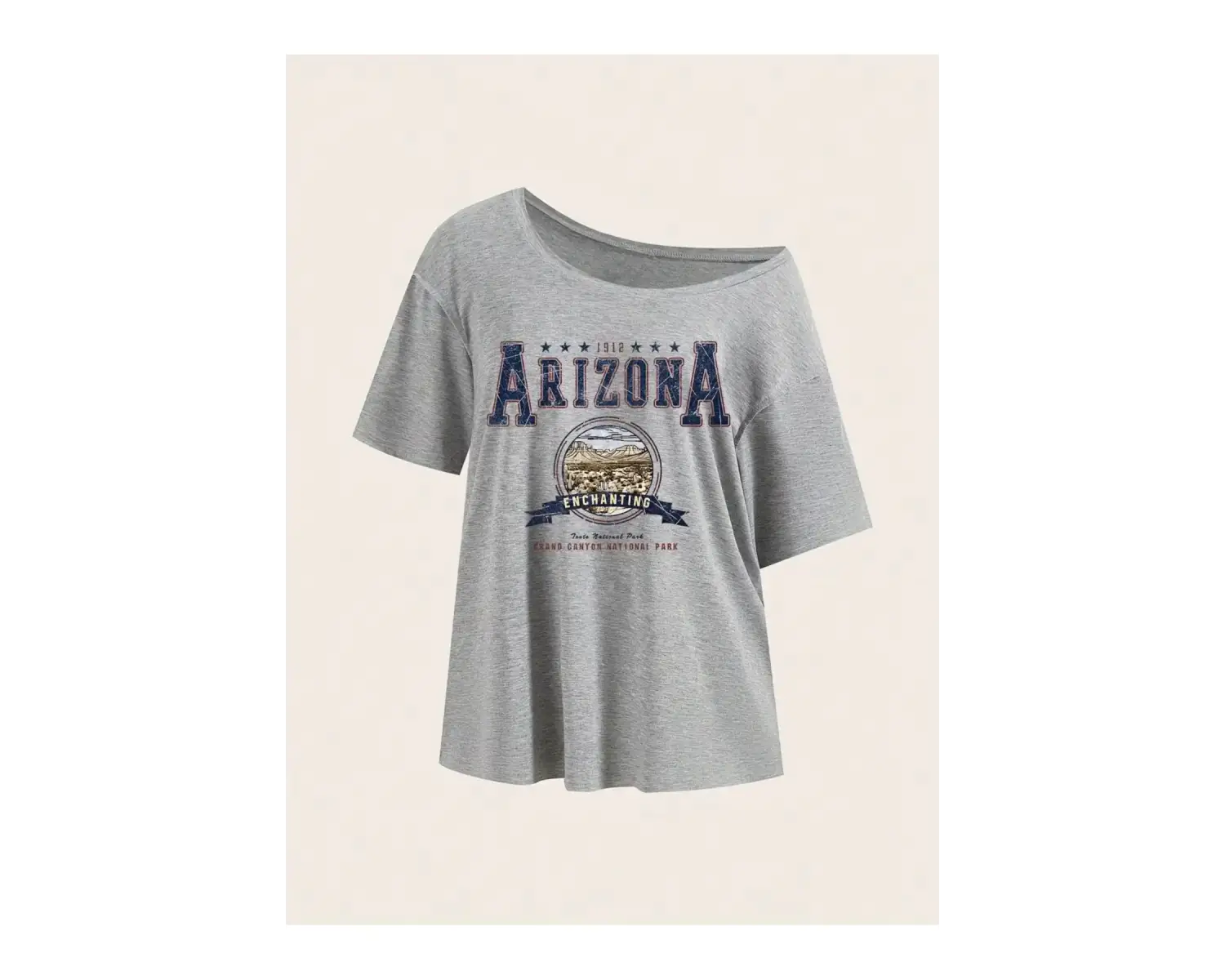 Gri Kadın Düşük Omuz Kayık Yaka Baskılı