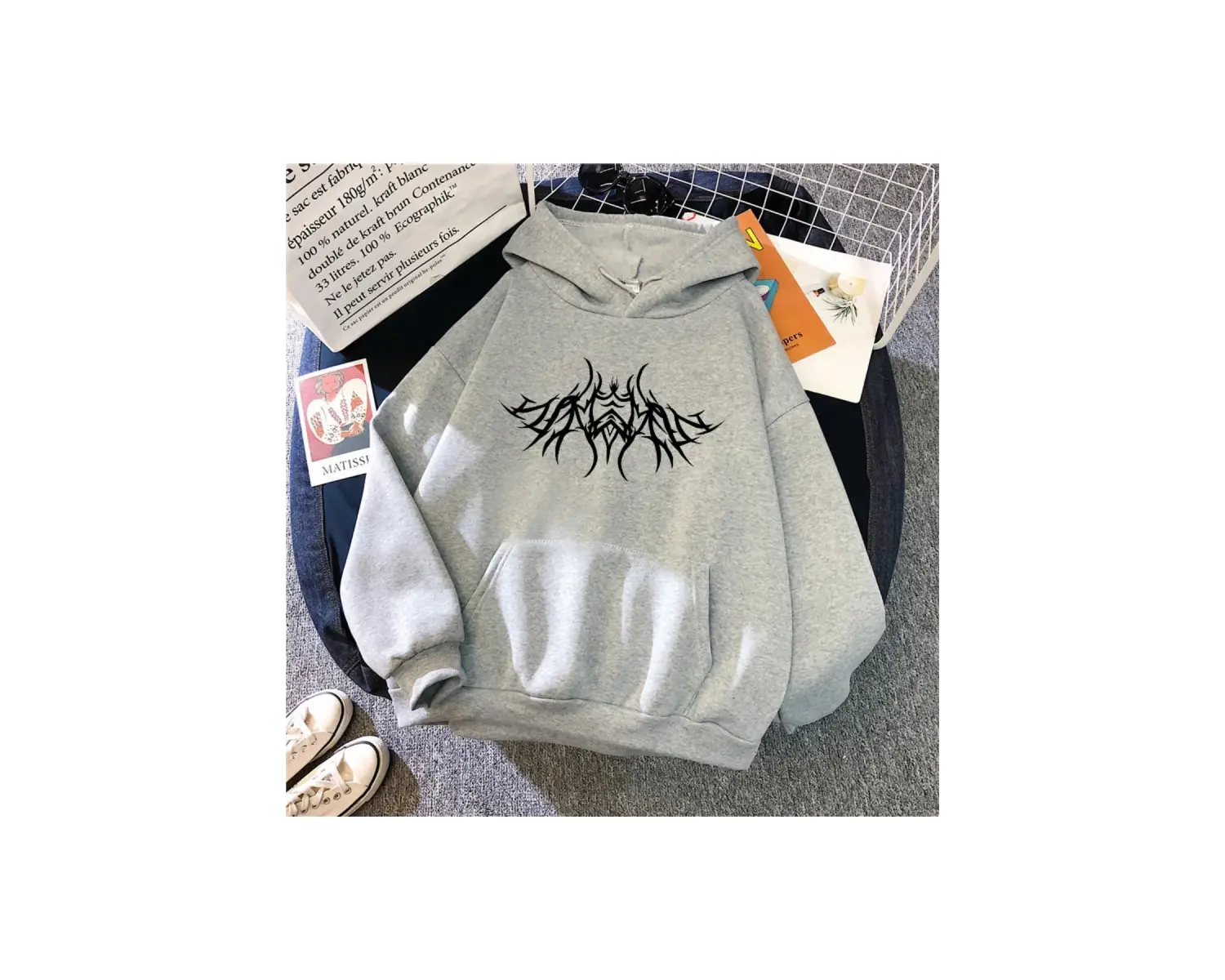 Gri Y2K tarzı kapşonlu uzun kollu kazak kentsel rahat moda