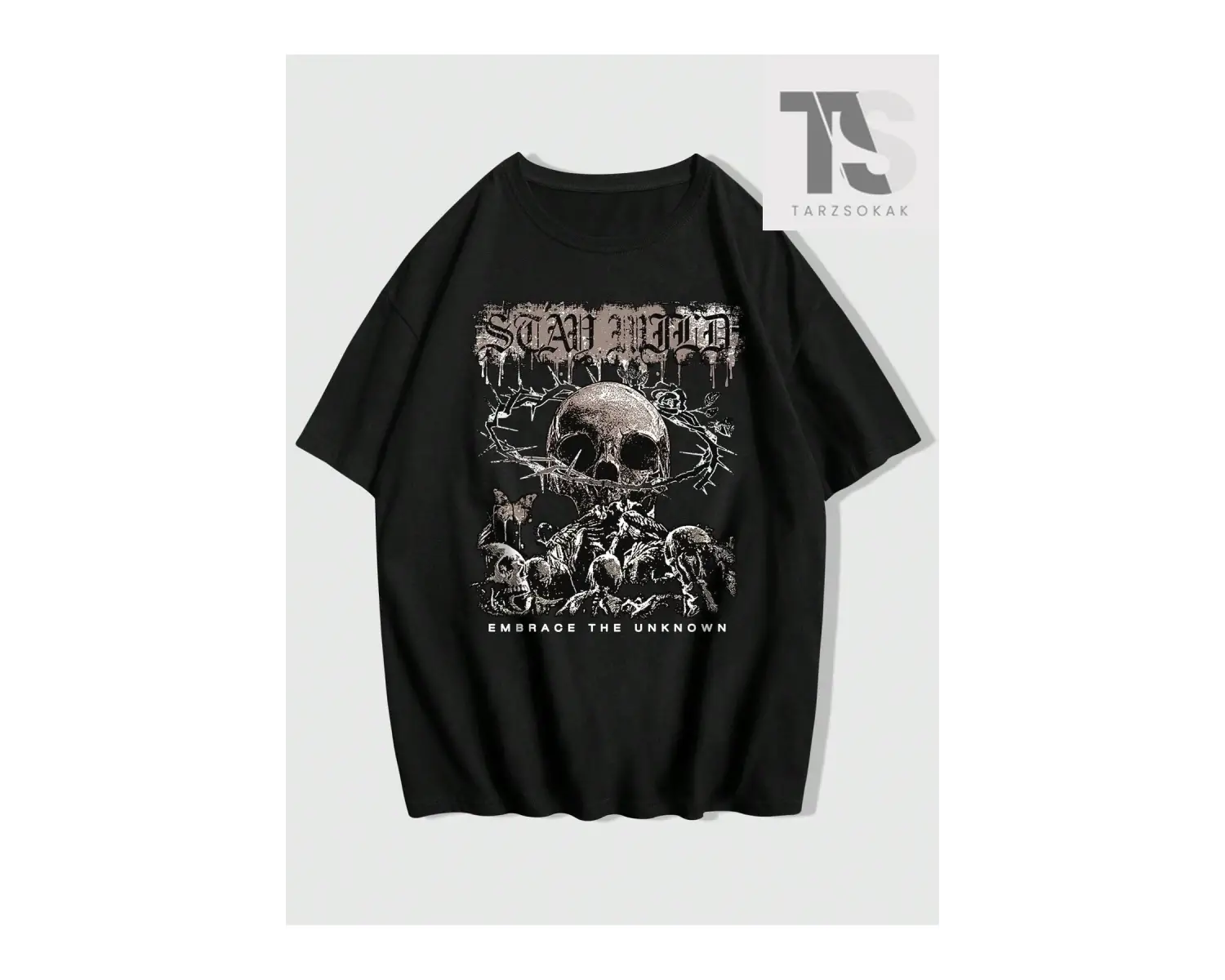 Grunge Punk Kafatası Baskılı Erkek Günlük Yuvarlak Yaka Tişört