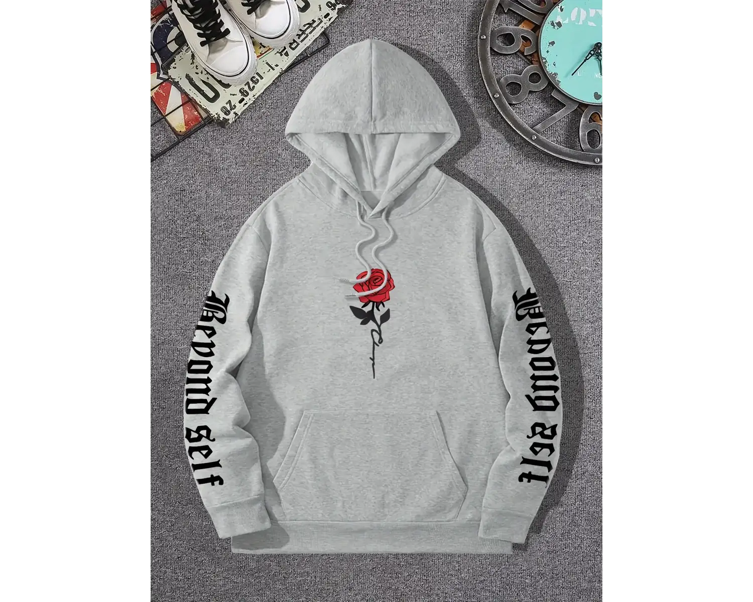 Gül Sanatsal Mektup Baskılı Kapüşonlular Rahat Sokak Kadın Tişörtü Rahat Polar Kazak Crewneck