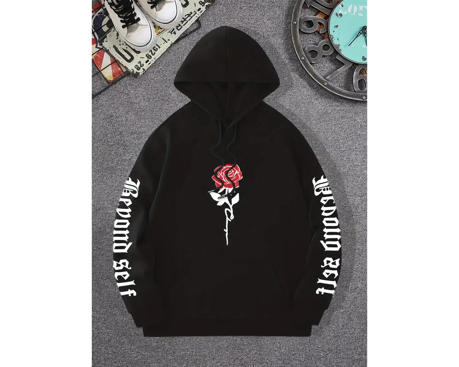 Gül Sanatsal Mektup Baskılı Kapüşonlular Rahat Sokak Kadın Tişörtü Rahat Polar Kazak Crewneck