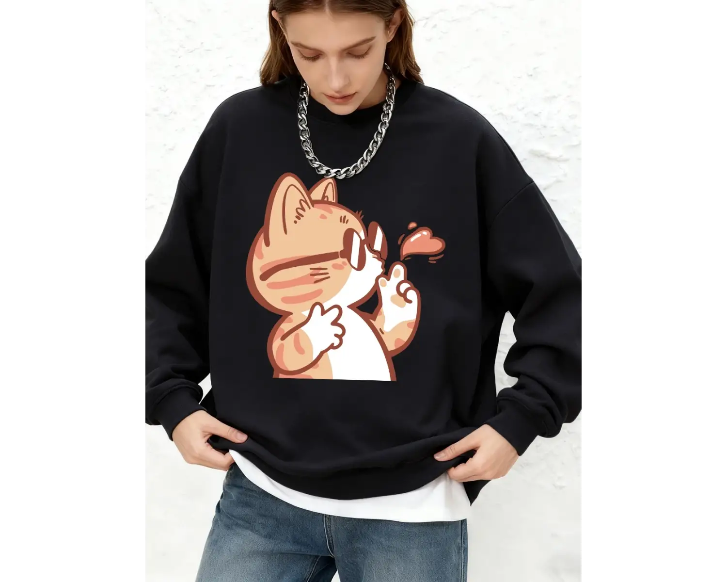 Güneş gözlüğü takan kedi uçan öpücük baskı kapüşonlu üst kadın temel uzun kollu o-boyun kazak