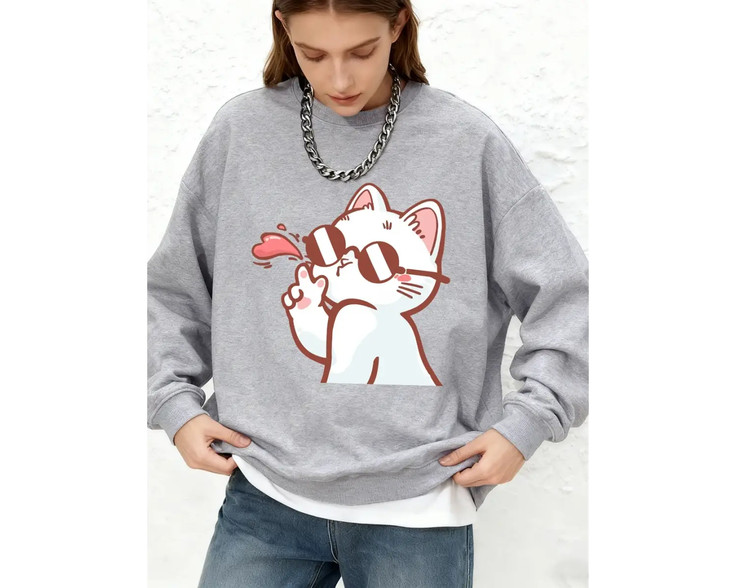 Güneş Gözlüklü Bayan Kedi Baskılı Tişörtü Bayan Sonbahar Jogger Sıcak Kapüşonlular O-Boyun Bü