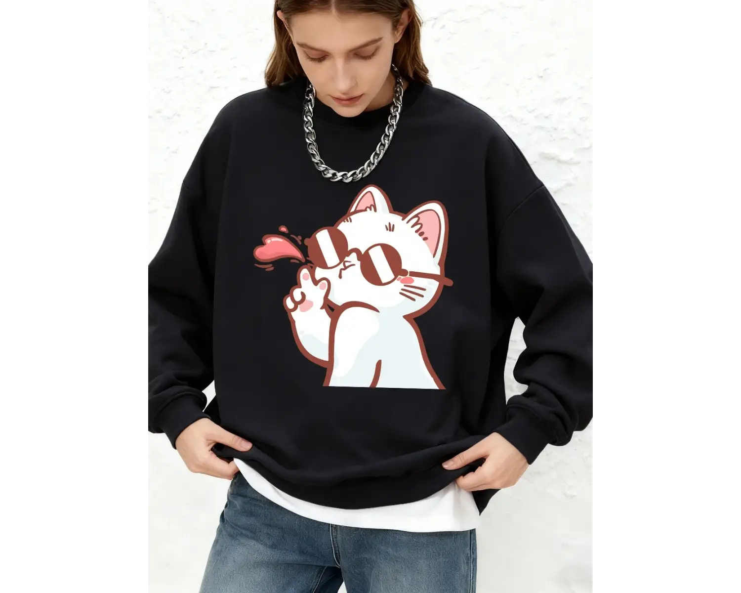 Güneş Gözlüklü Bayan Kedi Baskılı Tişörtü Bayan Sonbahar Jogger Sıcak Kapüşonlular O-Boyun Bü