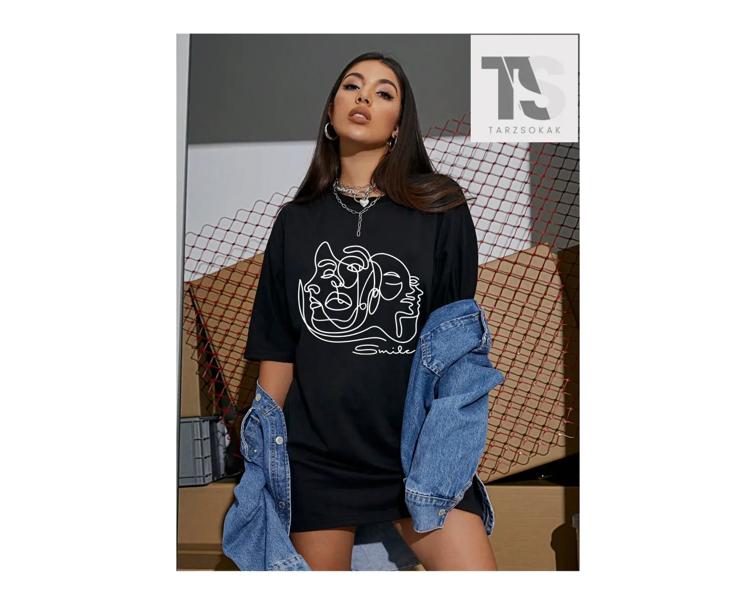 Güneş ve Ay Desenli Düşük Omuz Tişört