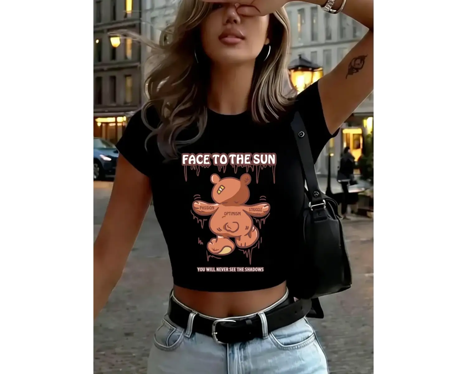 Güneşe Bakan Ayı Baskılı Kadın Babby TeeTişörtleri Yazlık Yüksek Esnek Yumuşak Üstler İnce Kısa K