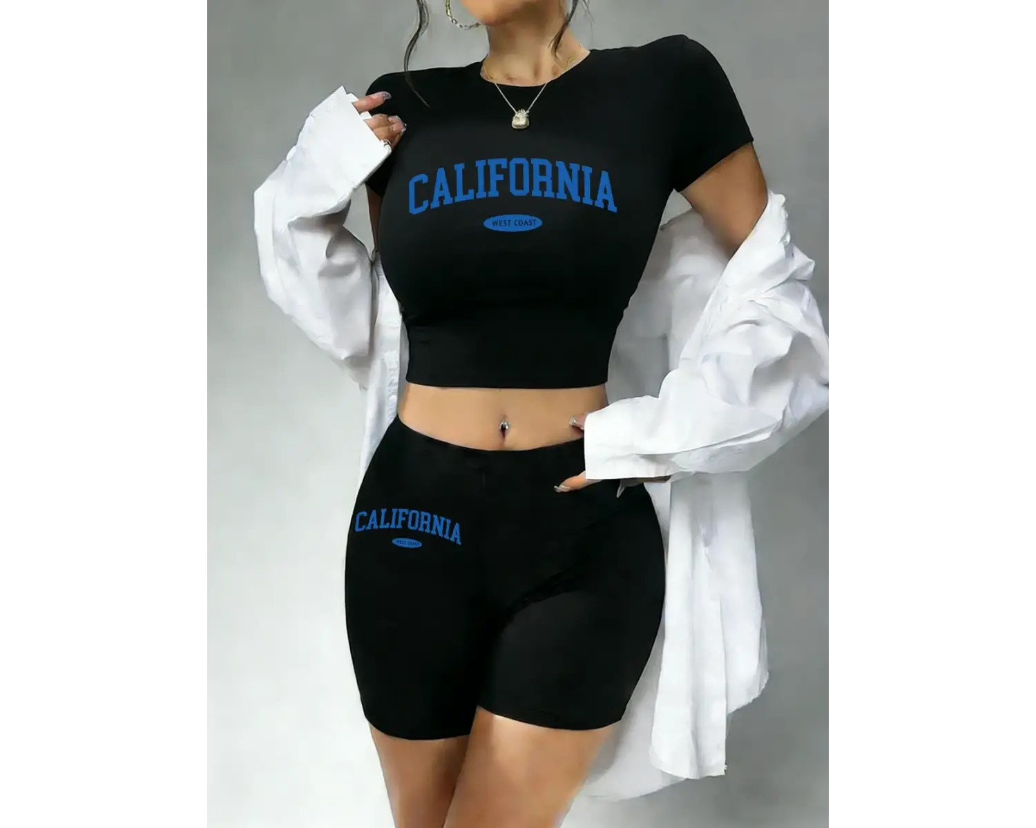 Günlük Kaliforniya Batı Yakası Baskılı Babby Tee ve Şort Kadın İki Parça Takım Tişört Pantolon