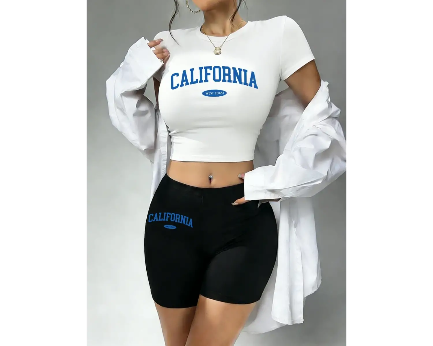 Günlük Kaliforniya Batı Yakası Baskılı Babby Tee ve Şort Kadın İki Parça Takım Tişört Pantolon