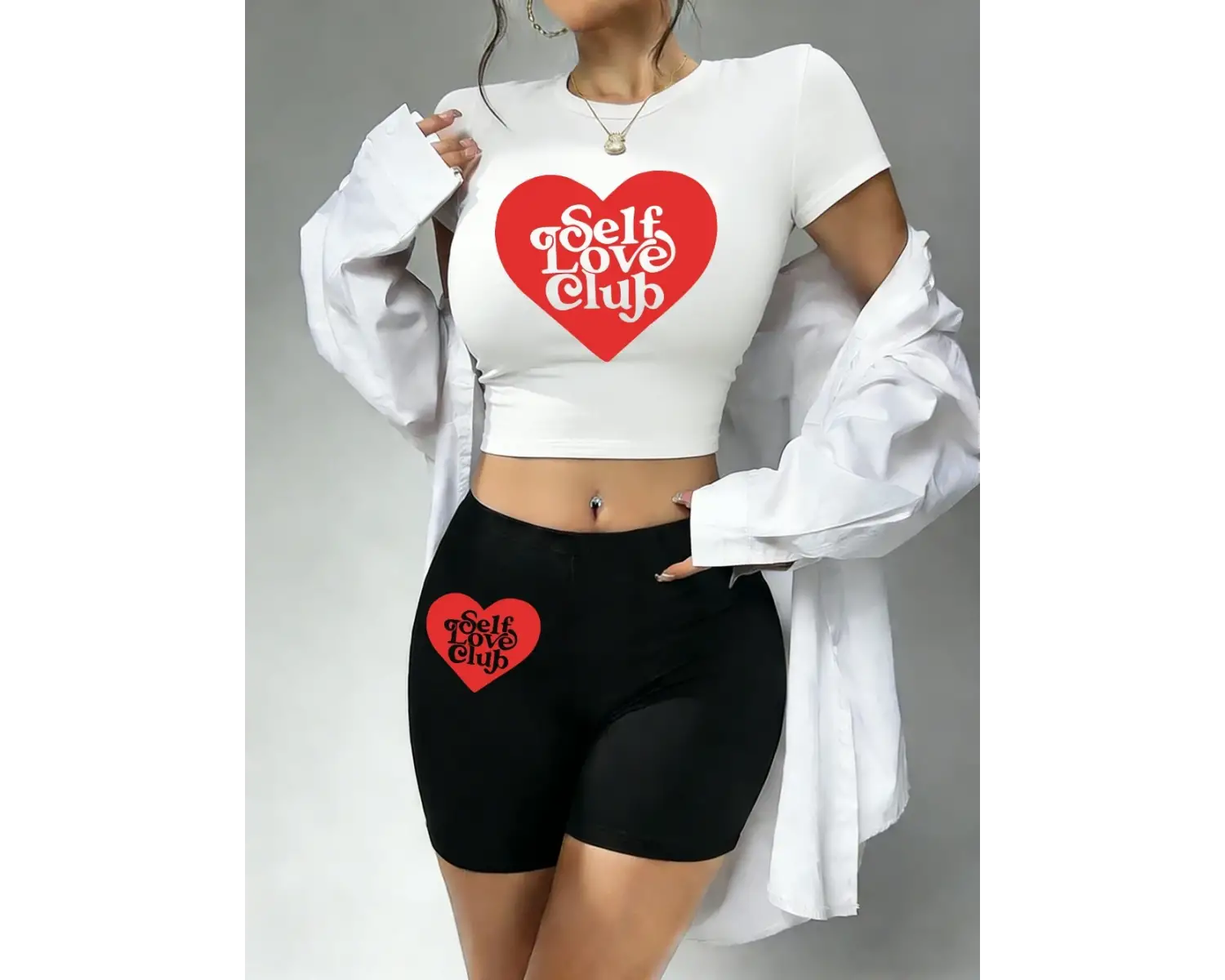 Günlük Kendine Sevgi Kulübü Kalp Baskılı Babby Tee ve Şort Kadın İki Parça Takım Tişörtleri Yu