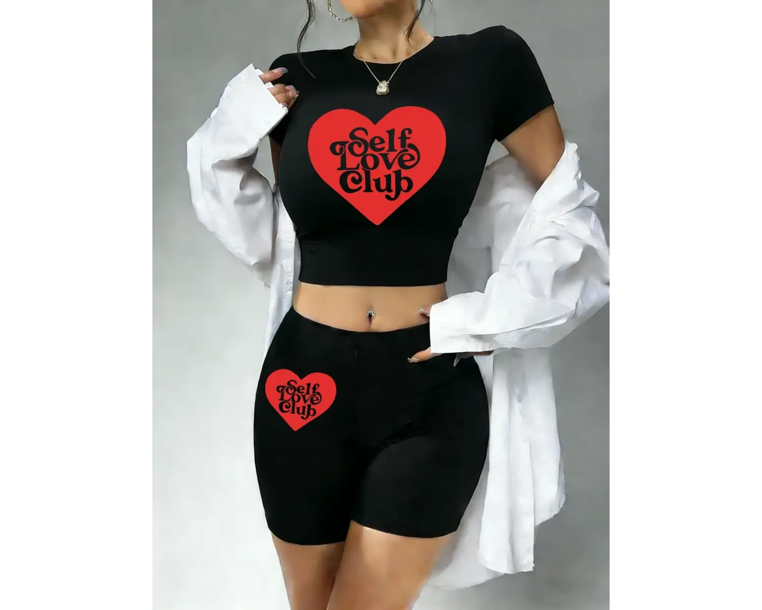 Günlük Kendine Sevgi Kulübü Kalp Baskılı Babby Tee ve Şort Kadın İki Parça Takım Tişörtleri Yu