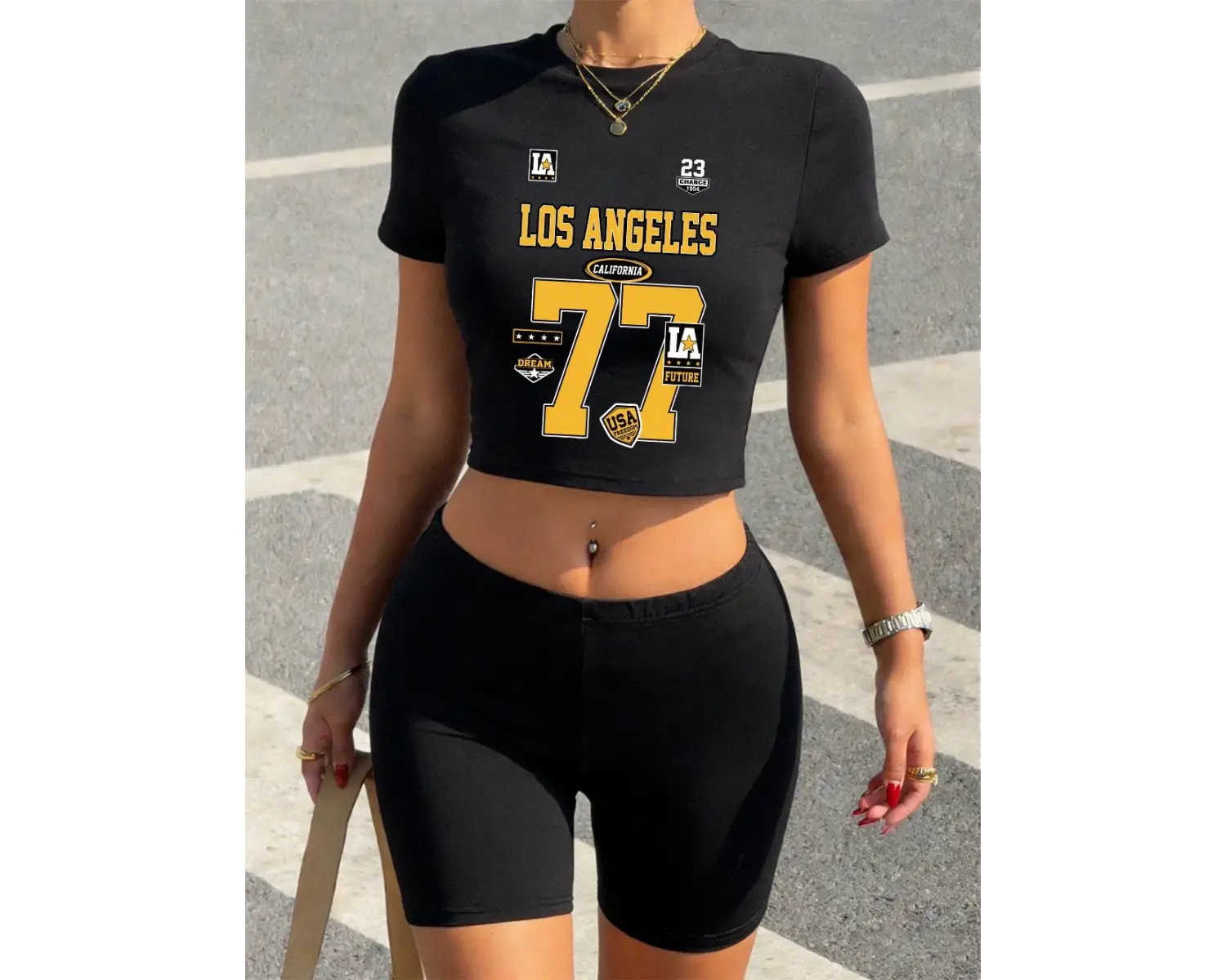 Günlük Los Angeles Numarası 77 Jerseyprinted Babby Tees Şort Kadın İki Parçalı Set Tişörtler Y