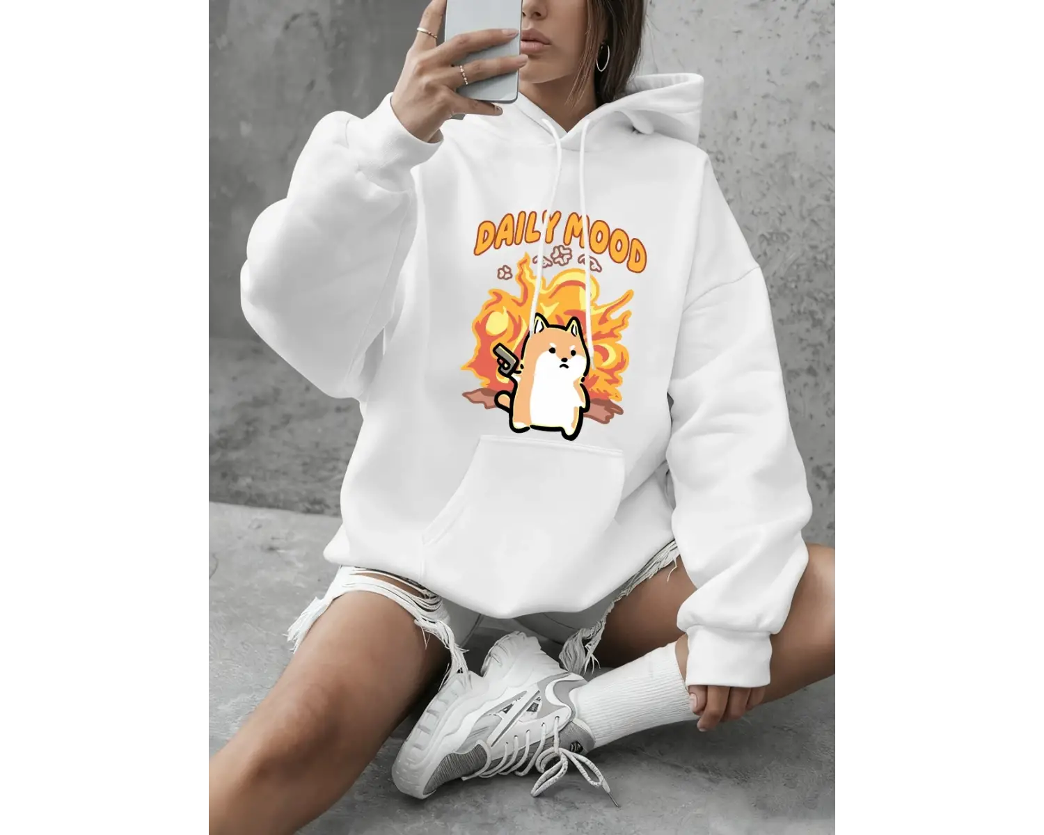 Günlük Mood Kedi Baskılı Sweatshirtler Kadınlar Kışlık Polar Sıcak Kapüşonlu Üstler Temel Bis