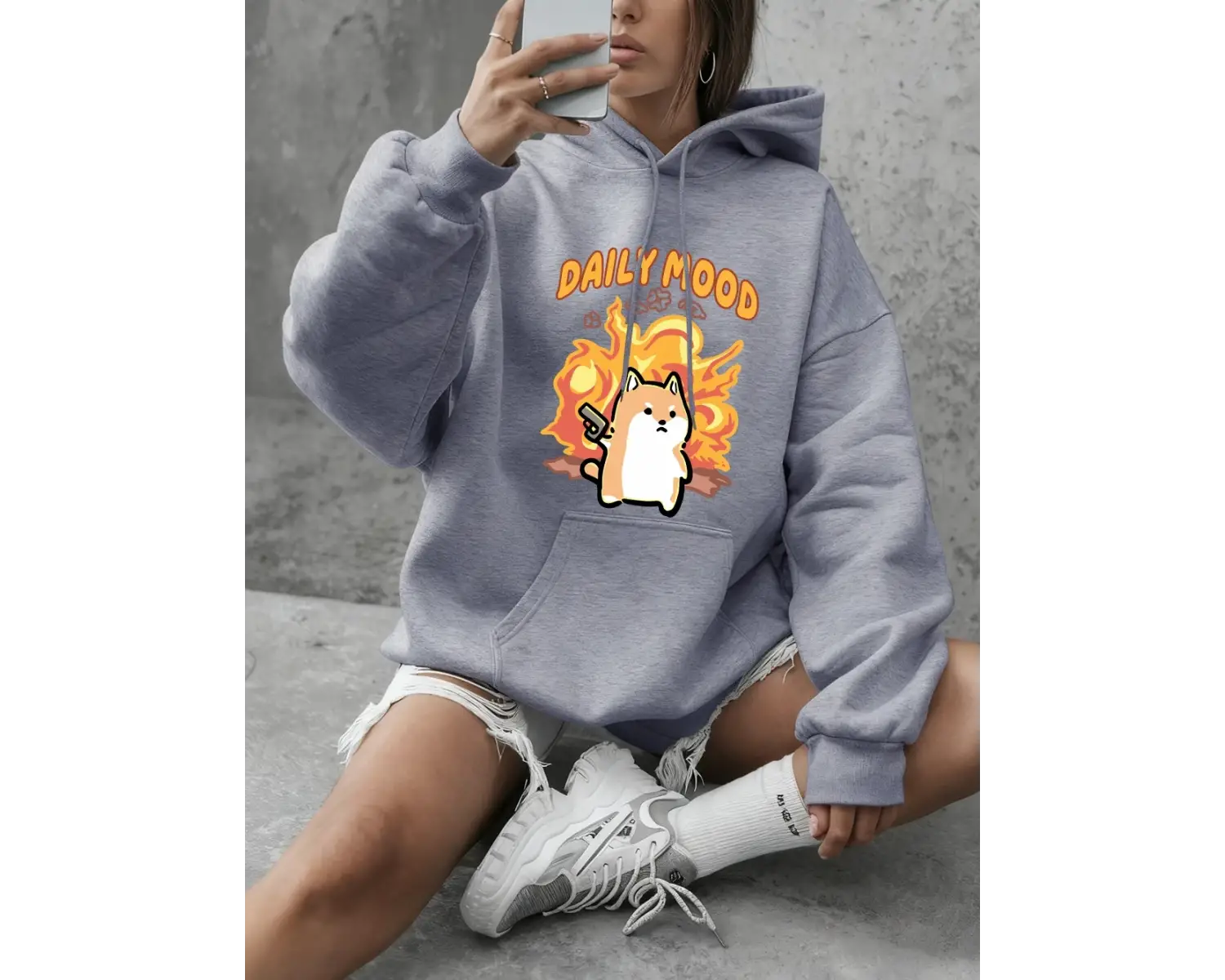 Günlük Mood Kedi Baskılı Sweatshirtler Kadınlar Kışlık Polar Sıcak Kapüşonlu Üstler Temel Bis