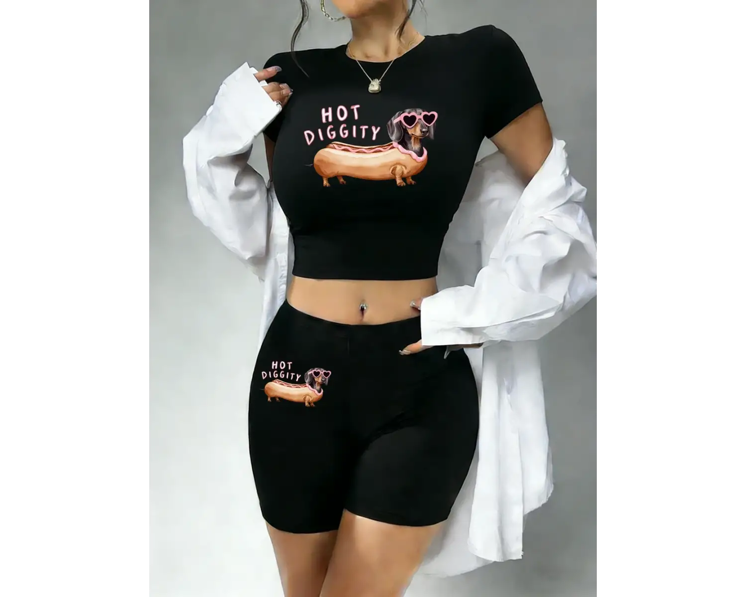 Günlük Sıcak Diggity Dachshund Köpek Baskılı Babby Tee ve Şort Kadın İki Parçalı Set Tişörtler