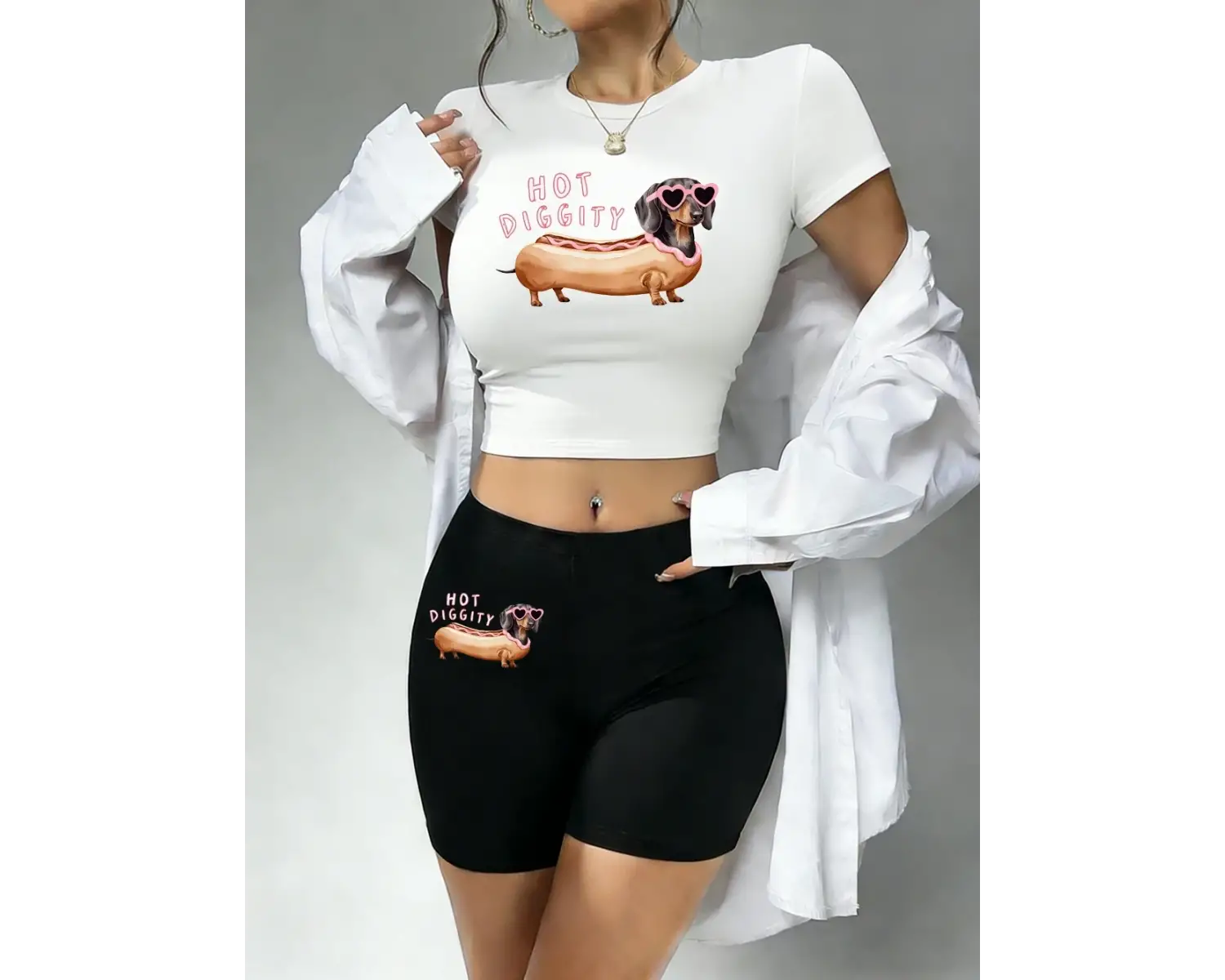 Günlük Sıcak Diggity Dachshund Köpek Baskılı Babby Tee ve Şort Kadın İki Parçalı Set Tişörtler