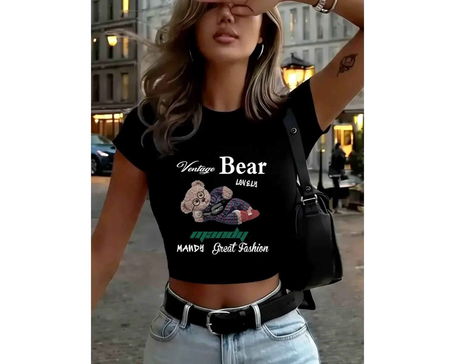 Güzel Ayı Karikatür Baskılar Bayan Kırpma Üstleri Yaz Yüksek Elastik Yumuşak Tişörtler Dar Ke