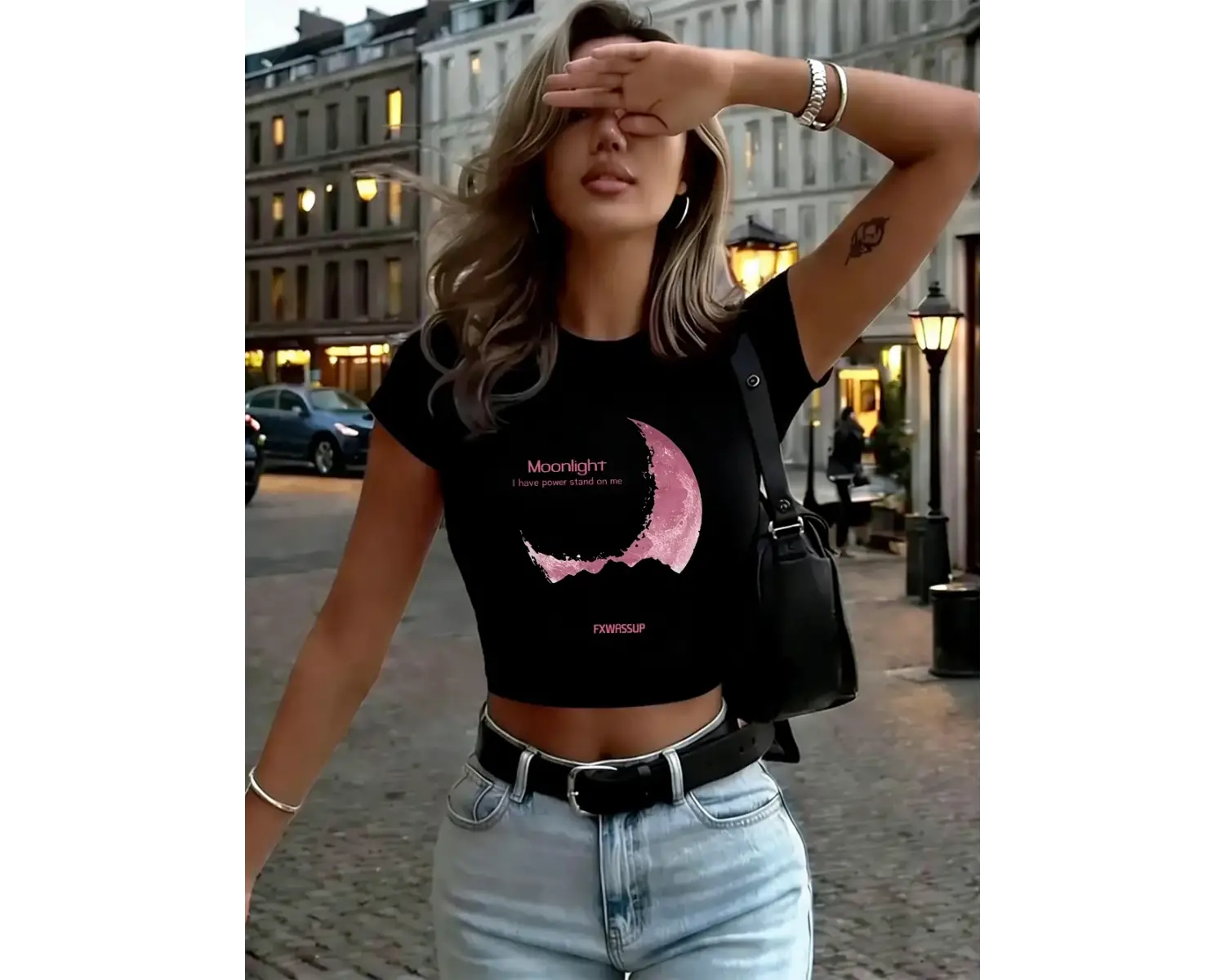 Güzel Ayışığı Baskı Bayan Kırpma Üstleri Yaz Yumuşak Yüksek Elastik Tişörtler Seksi Uygun İnc