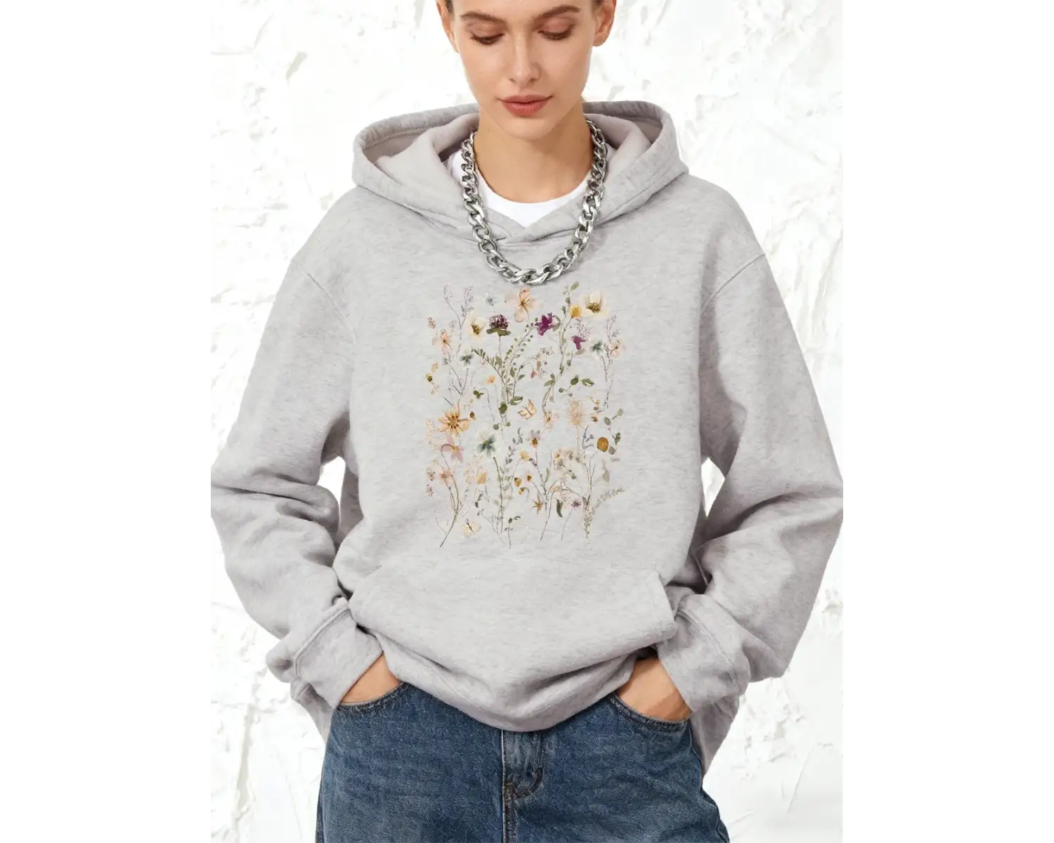 Güzel Çiçek Kümeleri Baskılar Pamuklu Kapüşonlu Üst Kadın Sportif Gevşek Tişörtü Kış Polar Sı