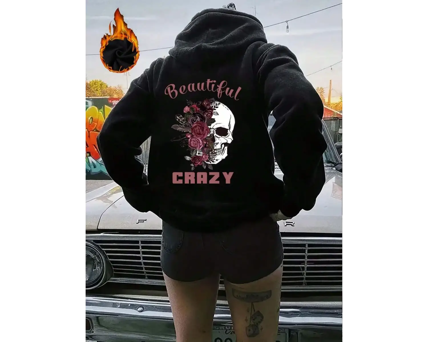 Güzel Çılgın Kafatası Ve Çiçekler Baskılı Kapüşonlular Sokak Kadın Tişörtü Polar Sıcak Kazak