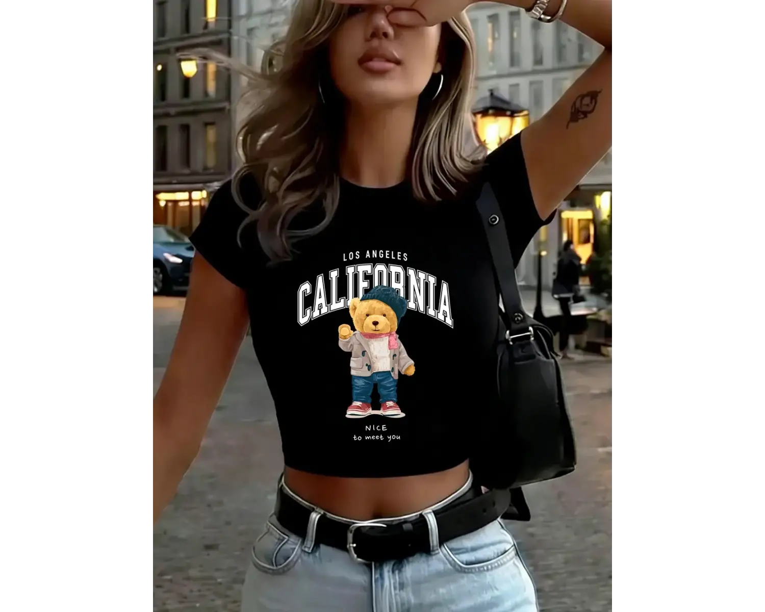 Güzel Tanışmaktayım Sevimli Ayı Baskılı Kadın Babby TeeTişörtleri Yazlık Yüksek Esnek Yumuşak Üst