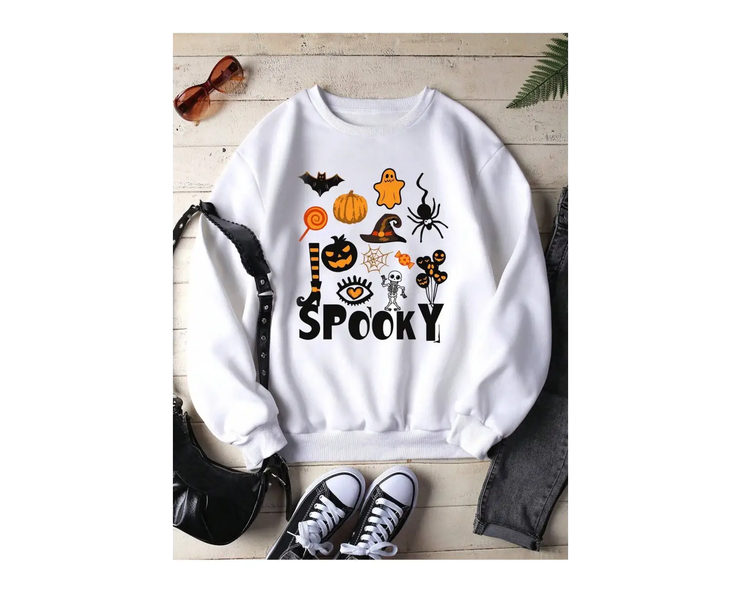 Halloween Print Lined Sweatshirt Beyaz