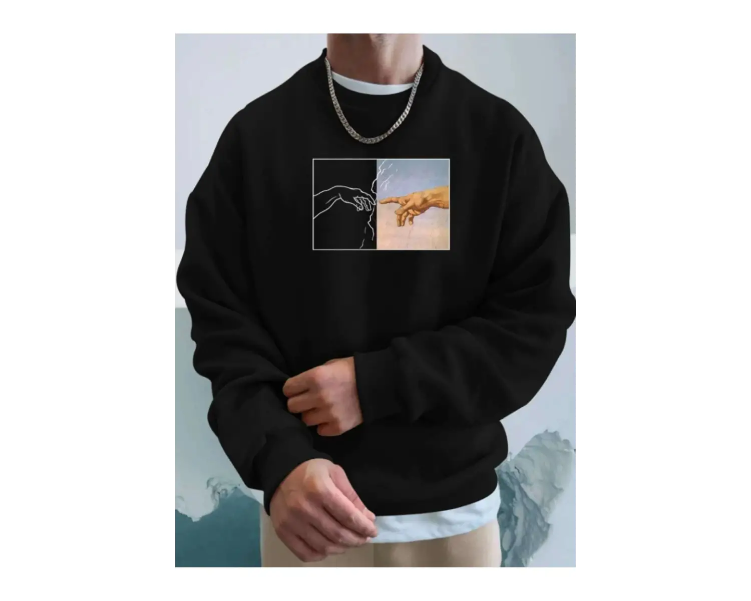 Hands Renkli Oversize Bisiklet Yaka Pamuklu Sweatshirt Beyaz