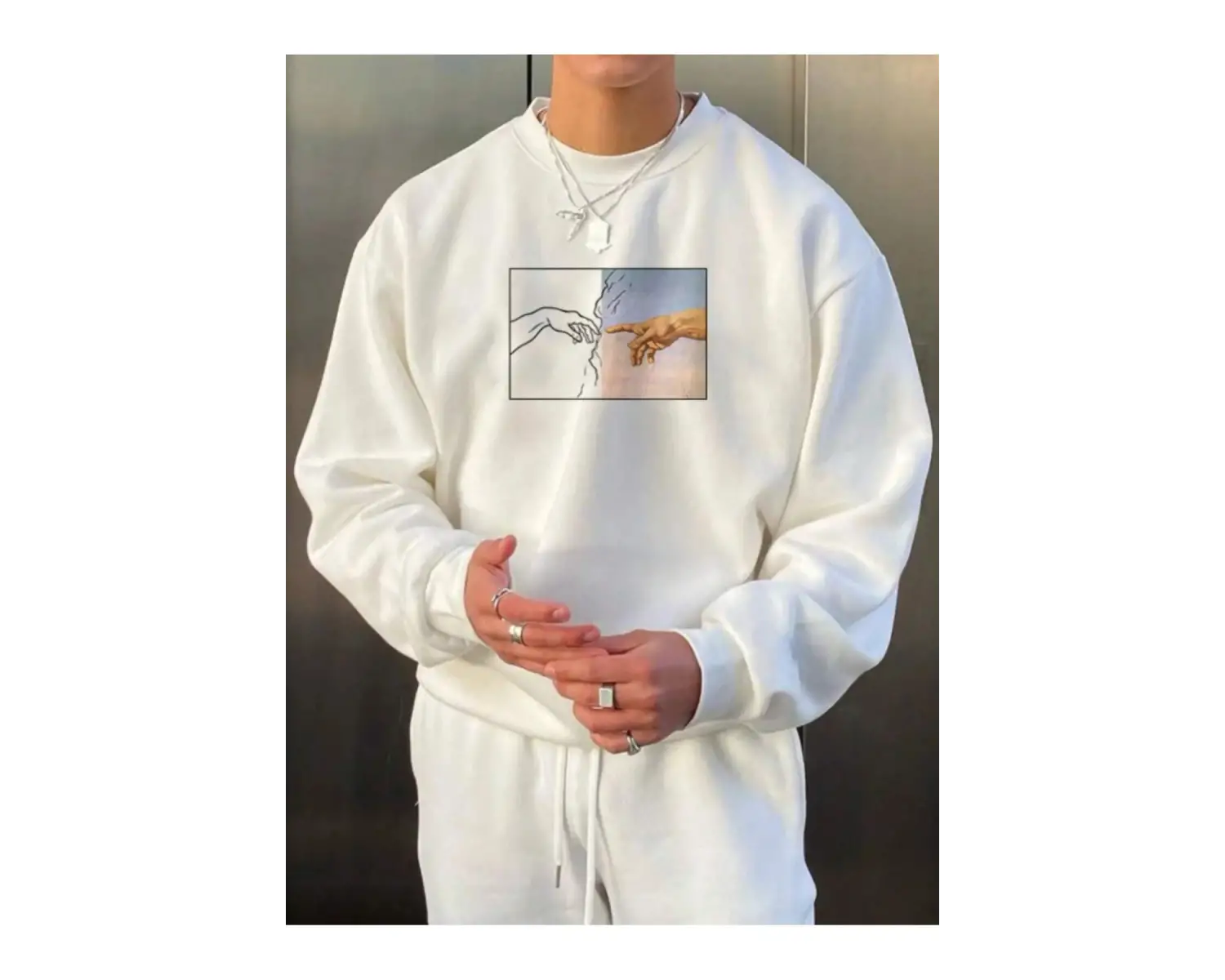 Hands Renkli Oversize Bisiklet Yaka Pamuklu Sweatshirt Beyaz