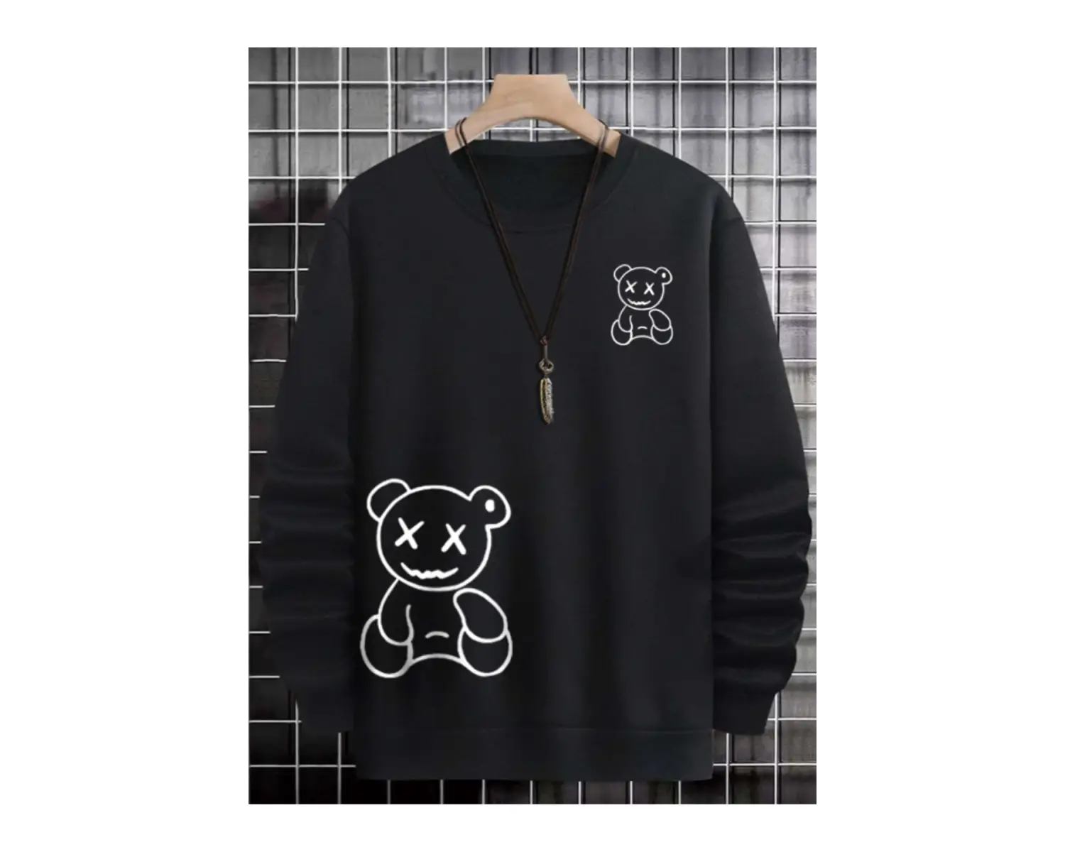Happy Bear Oversize Bisiklet Yaka Pamuklu Sweatshirt Siyah