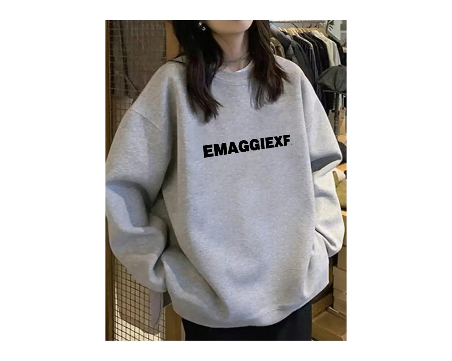 Harfli Grafik Düşük Omuz Oversize Sweat Gri