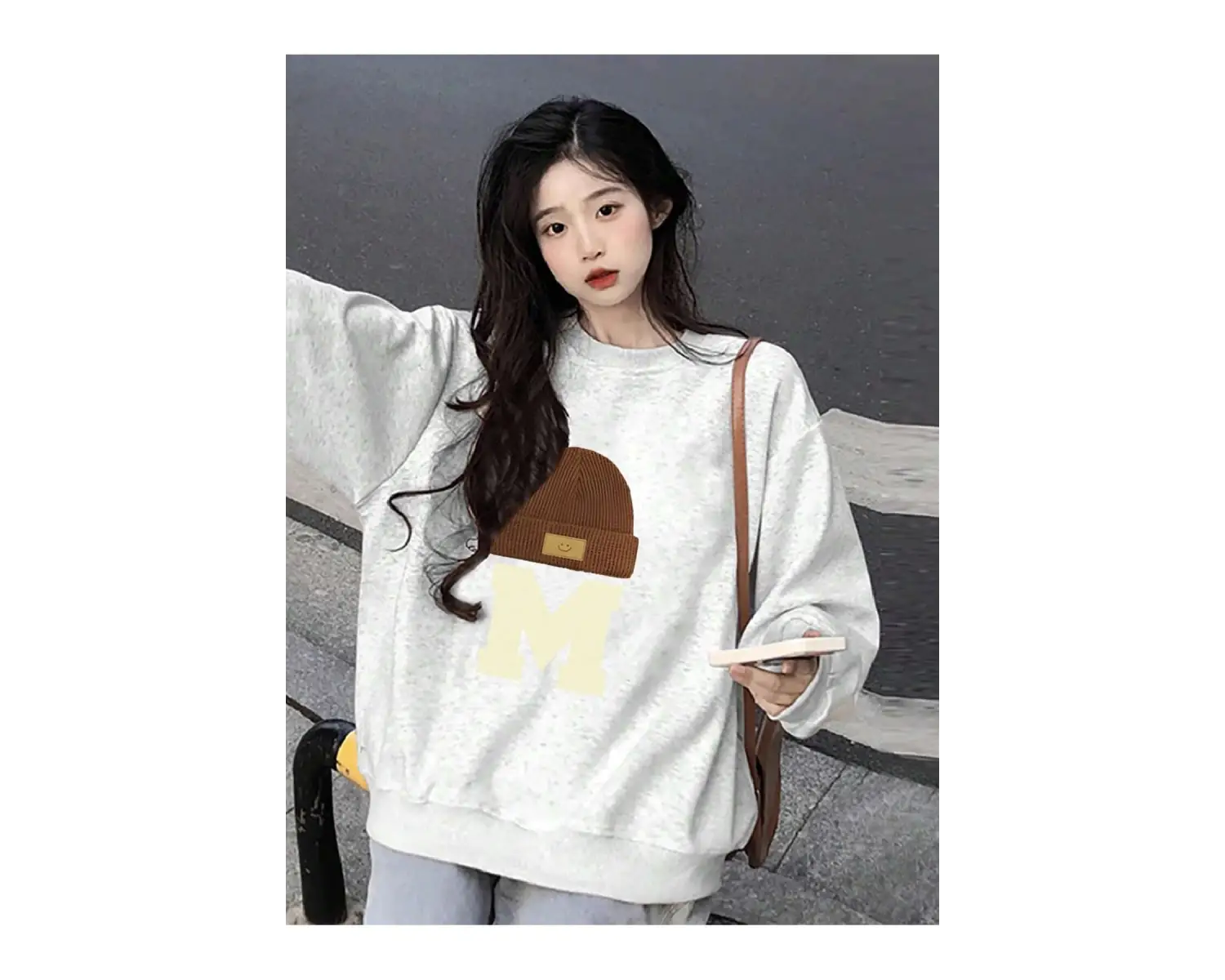 Harfli Grafik Düşük Omuz Oversize Sweat Gri