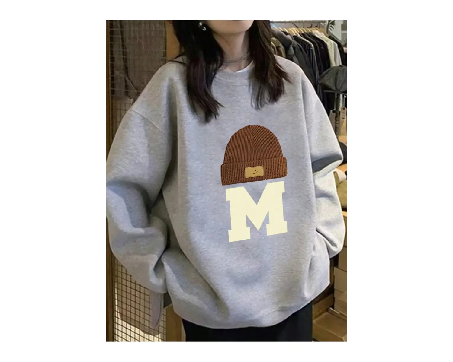 Harfli Grafik Düşük Omuz Oversize Sweat Gri