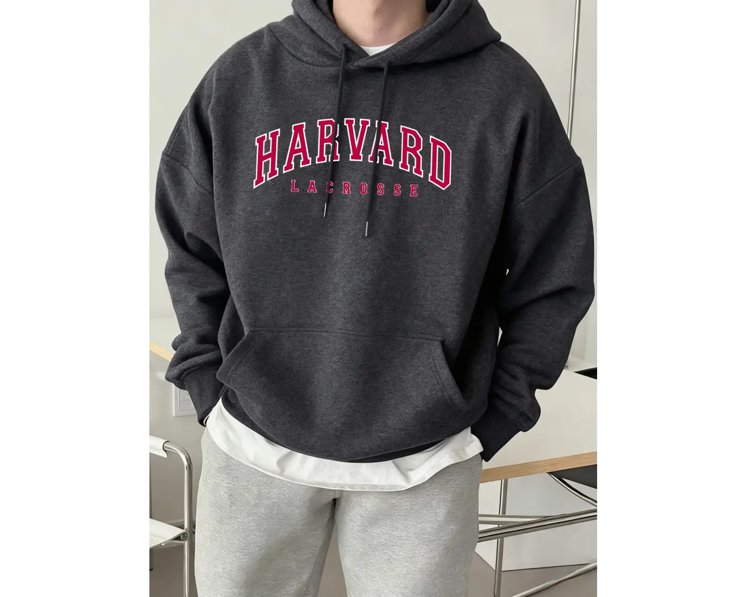 Harvard Lacrosse Baskılı Kapüşonlu Üst Erkek Yumuşak Moda Tişörtü Spor Rahat Sokak Giysisi Te