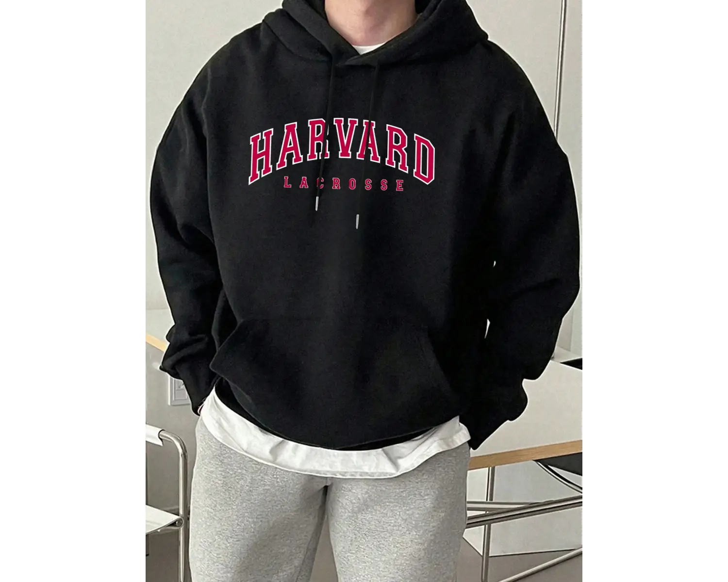 Harvard Lacrosse Baskılı Kapüşonlu Üst Erkek Yumuşak Moda Tişörtü Spor Rahat Sokak Giysisi Te