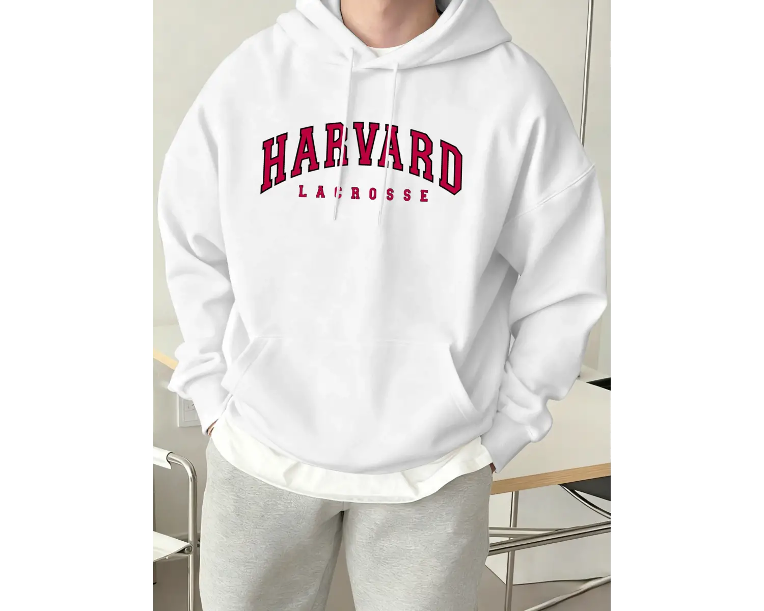 Harvard Lacrosse Baskılı Kapüşonlu Üst Erkek Yumuşak Moda Tişörtü Spor Rahat Sokak Giysisi Te