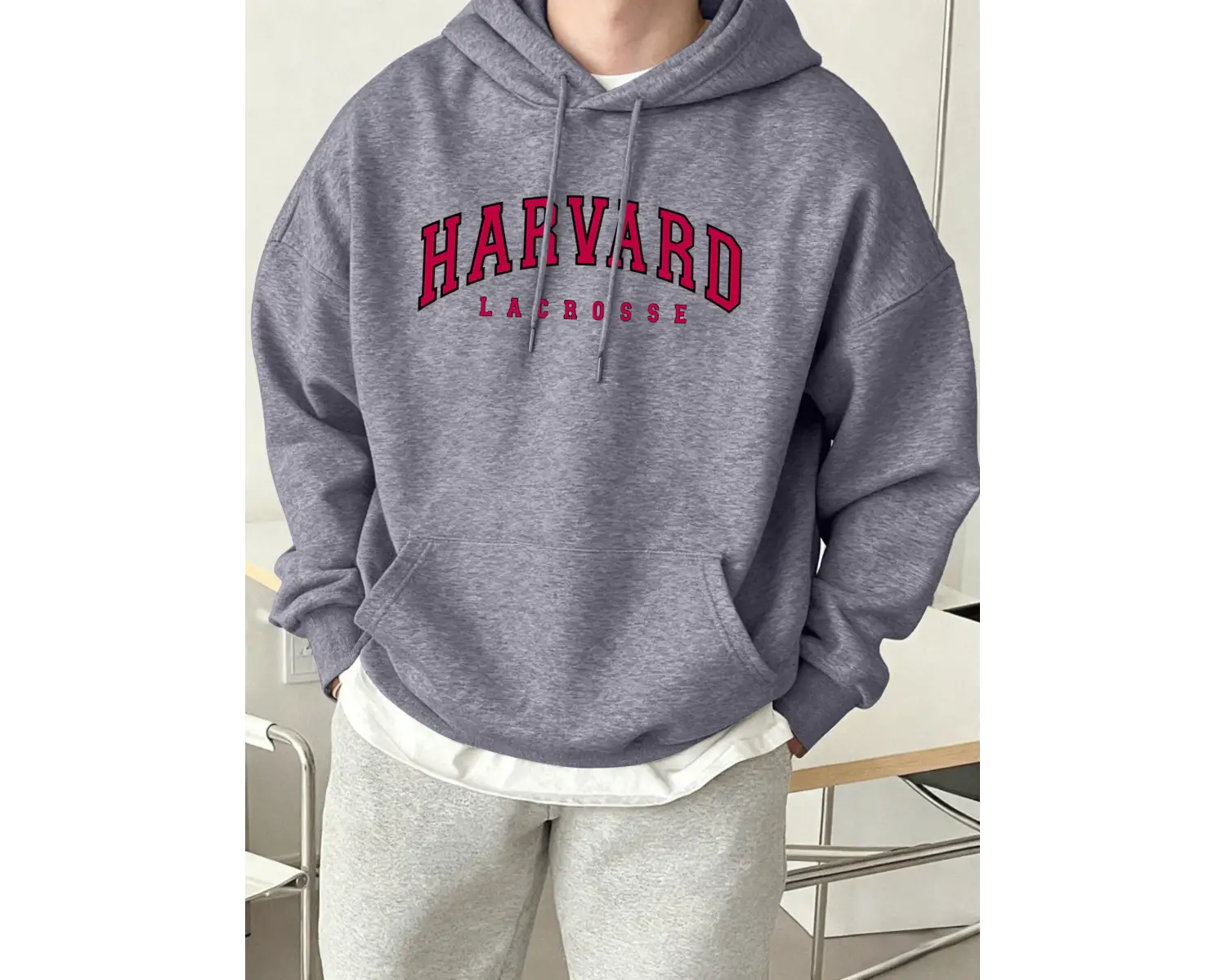 Harvard Lacrosse Baskılı Kapüşonlu Üst Erkek Yumuşak Moda Tişörtü Spor Rahat Sokak Giysisi Te