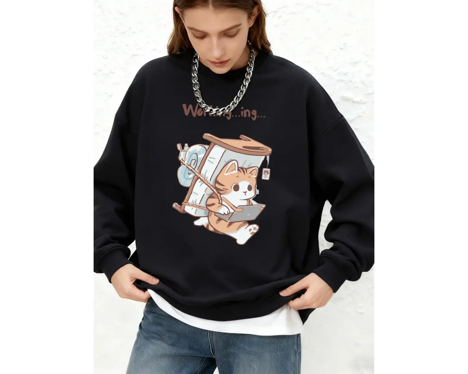 Hasta Bir Kedi Asla İşe Gelmeyi Unutmez Baskılı Kapüşonlu Kadınlar İçin Basit Sıcak Uzun Koll