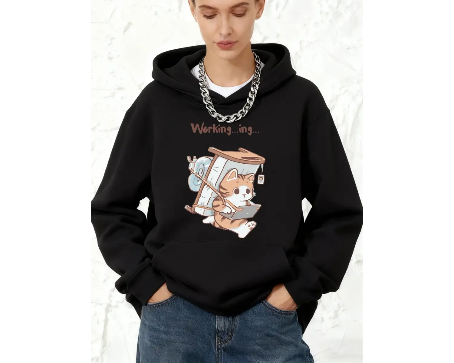Hasta Bir Kedi Asla İşe Gelmeyi Unutmez Baskılı Kapüşonlu Üstler Pamuklu Kadınlar İçin Kışlık