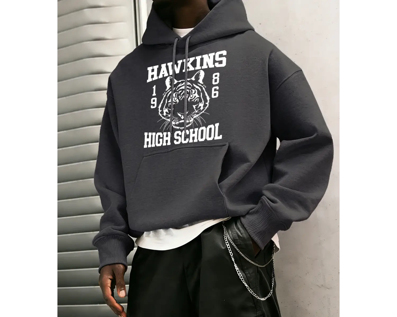 Hawkins Lisesi 1986 Desen Erkekler Temel Kapüşonlular Cep Vintage Üstler Günlük Moda Uzun Kol