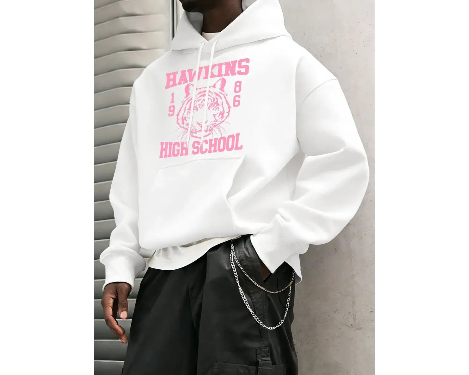 Hawkins Lisesi 1986 Desen Erkekler Temel Kapüşonlular Cep Vintage Üstler Günlük Moda Uzun Kol