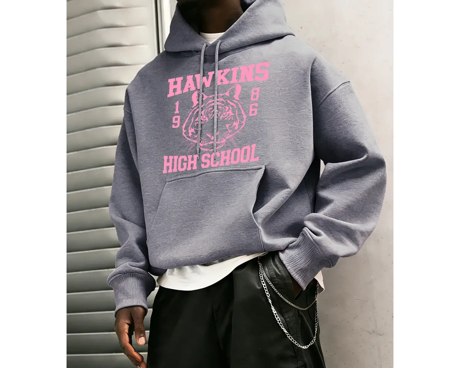 Hawkins Lisesi 1986 Desen Erkekler Temel Kapüşonlular Cep Vintage Üstler Günlük Moda Uzun Kol