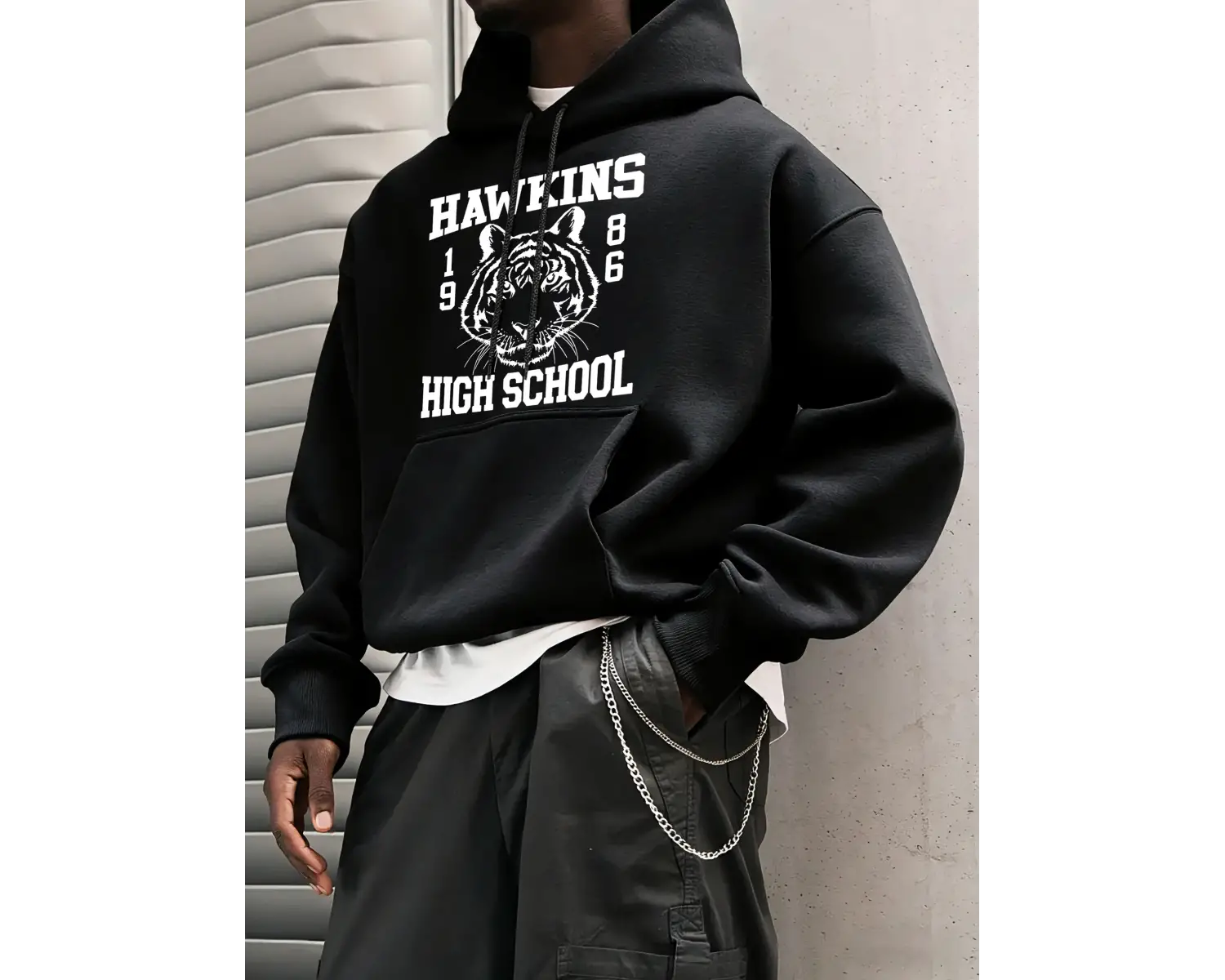 Hawkins Lisesi 1986 Desen Erkekler Temel Kapüşonlular Cep Vintage Üstler Günlük Moda Uzun Kol