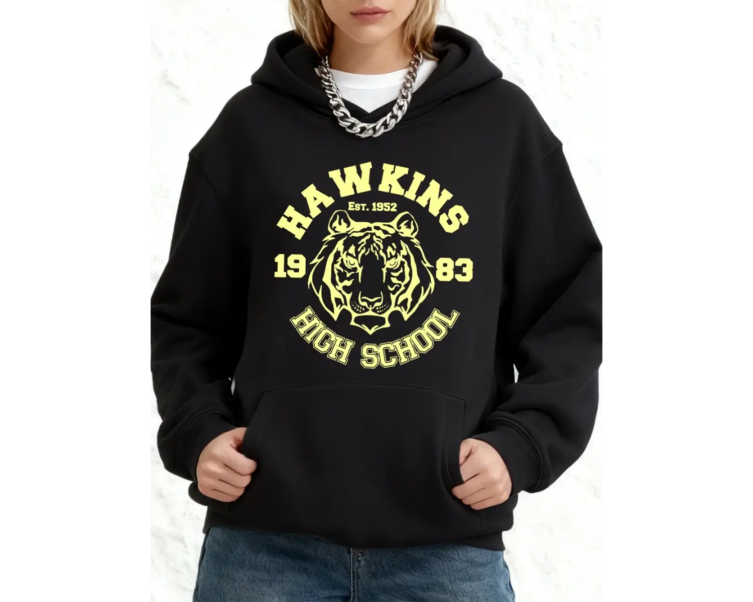 Hawkins Lisesi Baskılı Kapüşonlu Üstler Pamuklu Kadın Kışlık Polar Sıcak Sweatshirtler Bol Ce