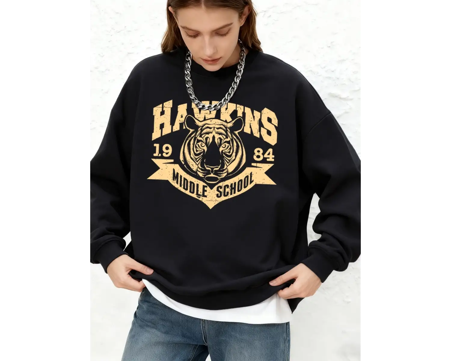 Hawkins Ortaokul 1984 Baskılı Sweatshirt Kadın Kışlık Yuvarlak Yaka Kapüşonlu Bol Jogger Kaza