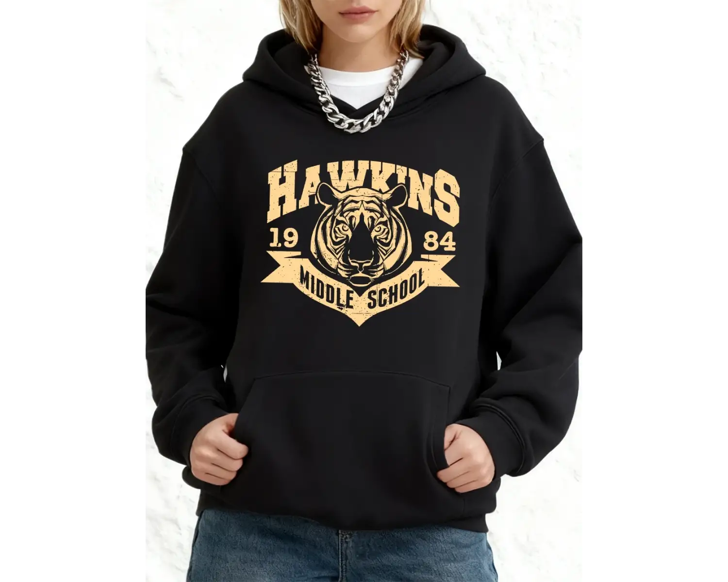 Hawkins Ortaokul Baskılı Kapüşonlu Üstler Pamuklu Kadın Kışlık Bol Kazak Polar Sıcak Sweatshi