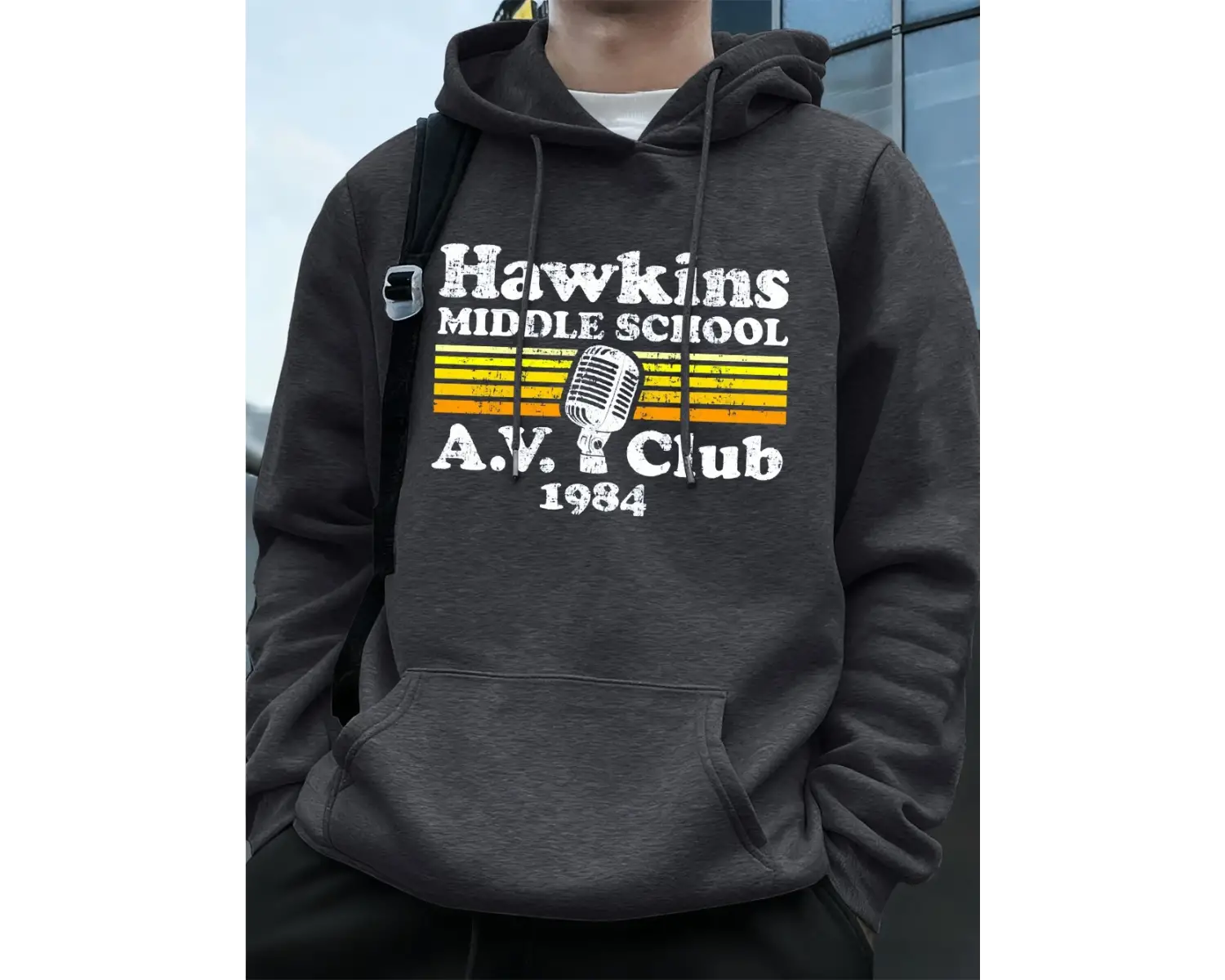 Hawkins Ortaokulu A.V. Club Prints Erkek Kapüşonluları Sonbahar Cepli Kazak Temel Polar Gevşe