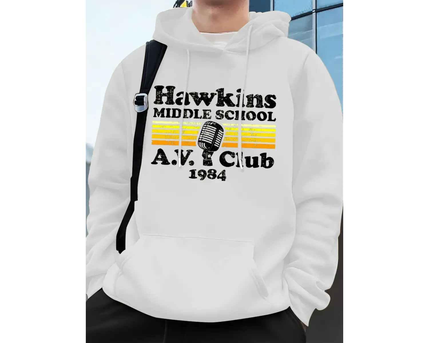 Hawkins Ortaokulu A.V. Club Prints Erkek Kapüşonluları Sonbahar Cepli Kazak Temel Polar Gevşe