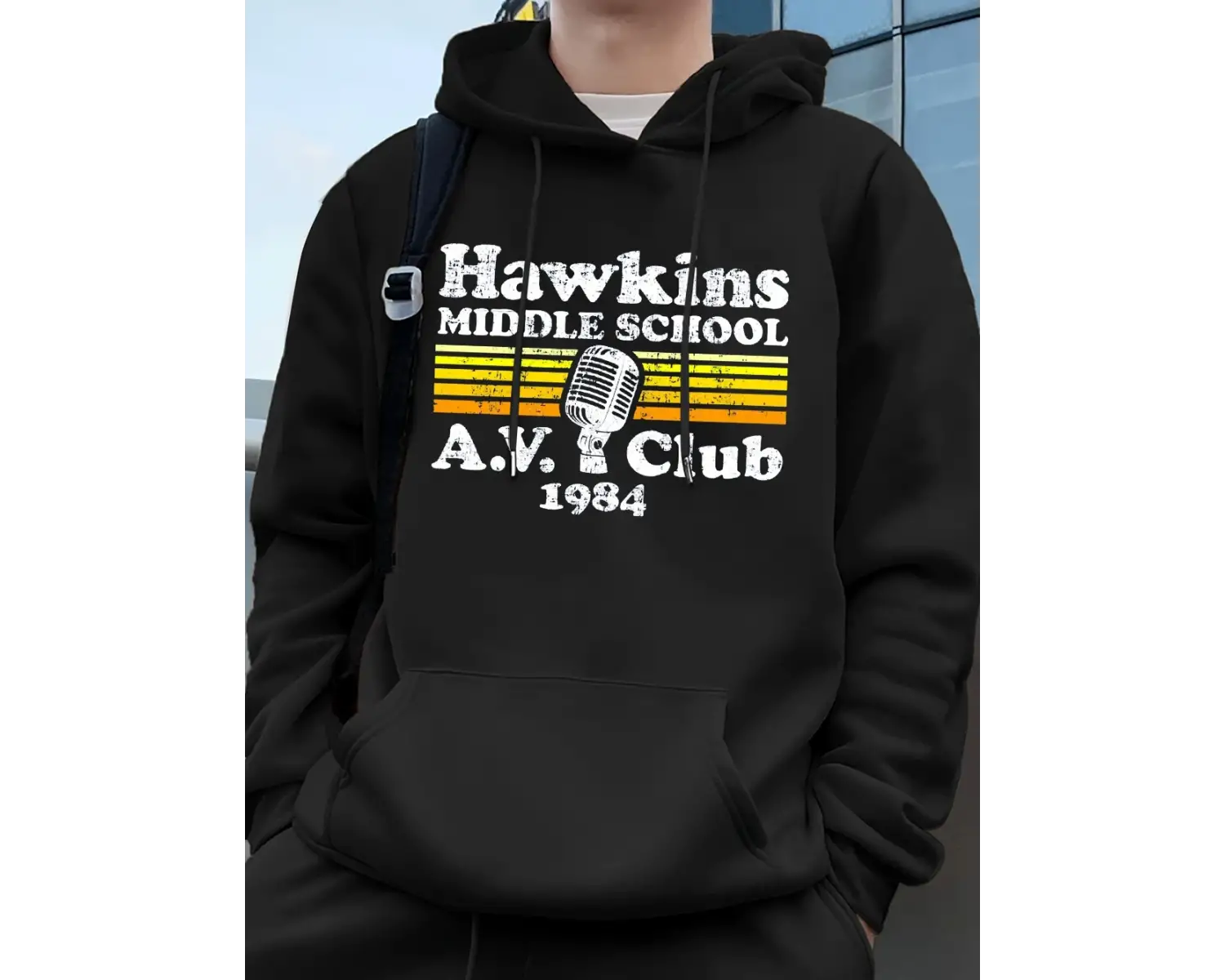 Hawkins Ortaokulu A.V. Club Prints Erkek Kapüşonluları Sonbahar Cepli Kazak Temel Polar Gevşe